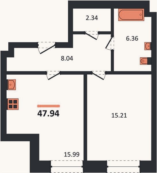 Планировка: 1-к, 47,9 м²