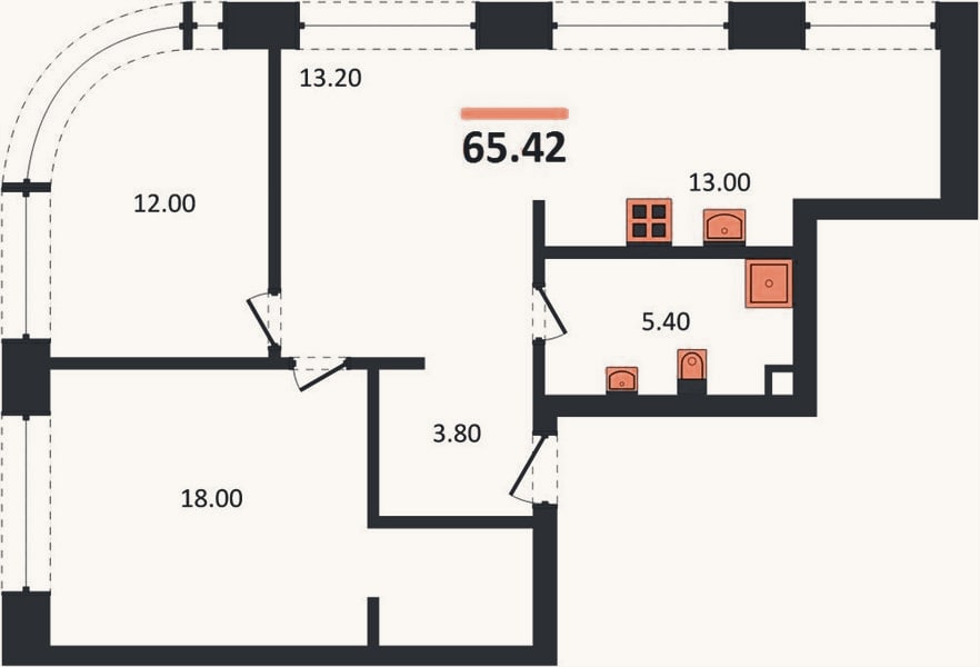 Планировка: 2-к, 65,4 м²