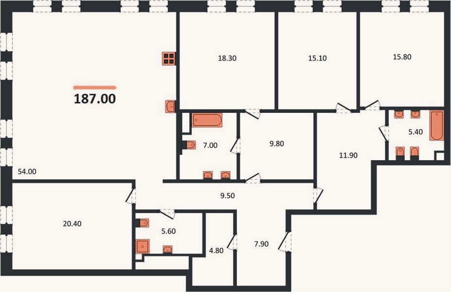 Планировка: 4+ к, 187 м²