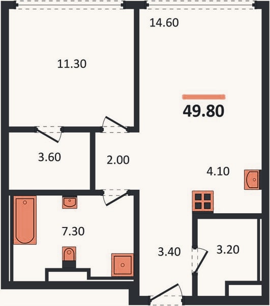 Планировка: 1-к, 49,8 м²
