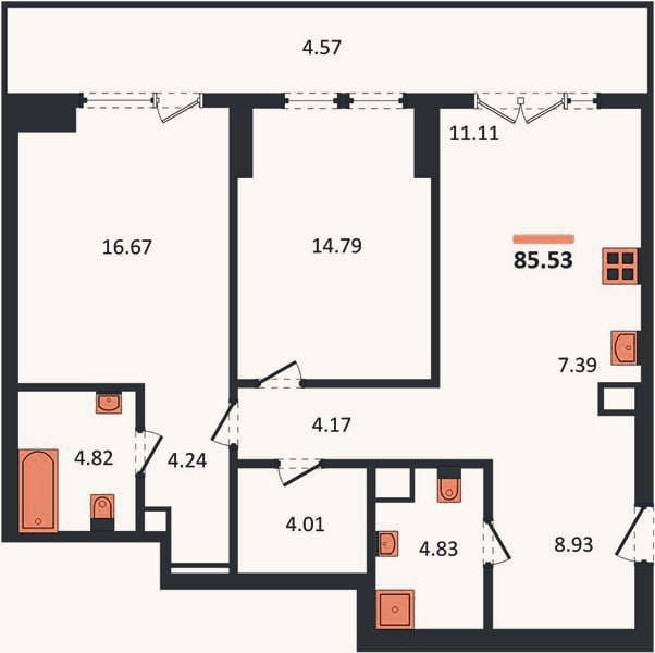 Планировка: 2-к, 85,5 м²