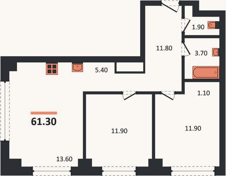Планировка: 2-к, 61,3 м²