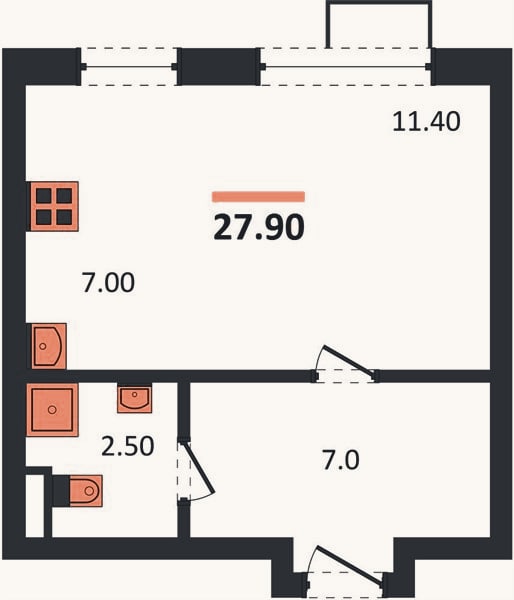 Планировка: Студия, 27,9 м²
