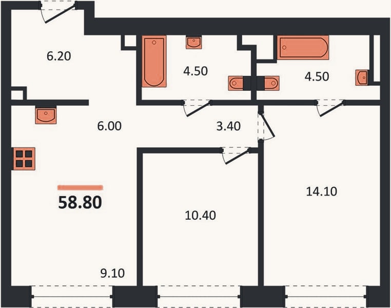 Планировка: 2-к, 58,8 м²