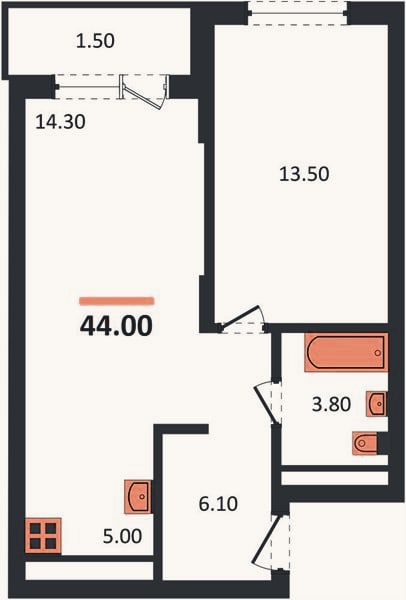 Планировка: 1-к, 44 м²