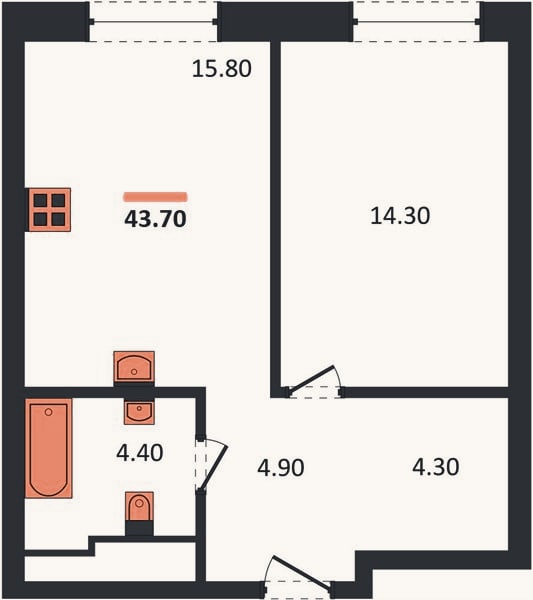 Планировка: 1-к, 43,7 м²