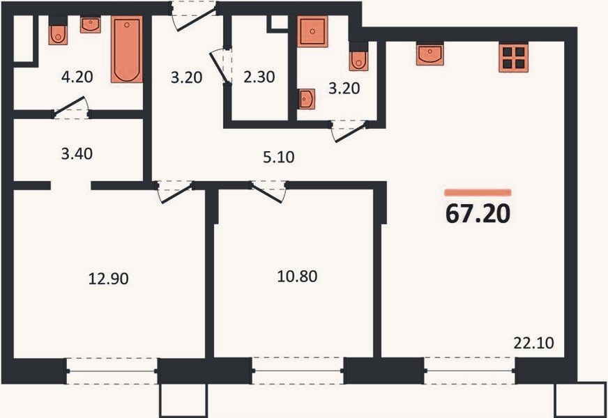 Планировка: 2-к, 67,2 м²