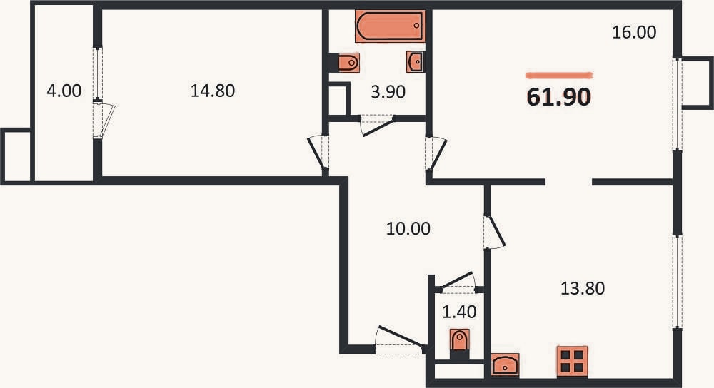 Планировка: 2-к, 61,9 м²