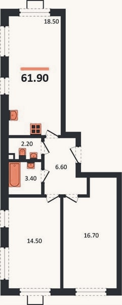 Планировка: 2-к, 61,9 м²