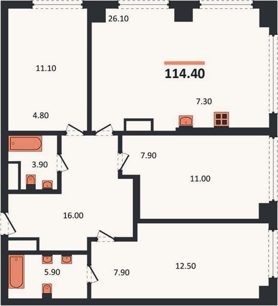 Планировка: 3-к, 114,4 м²