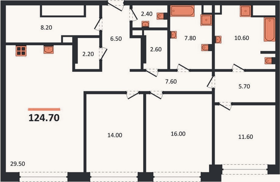 Планировка: 3-к, 124,7 м²
