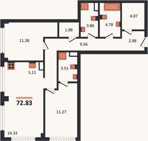 Планировка: 2-к, 72,8 м²