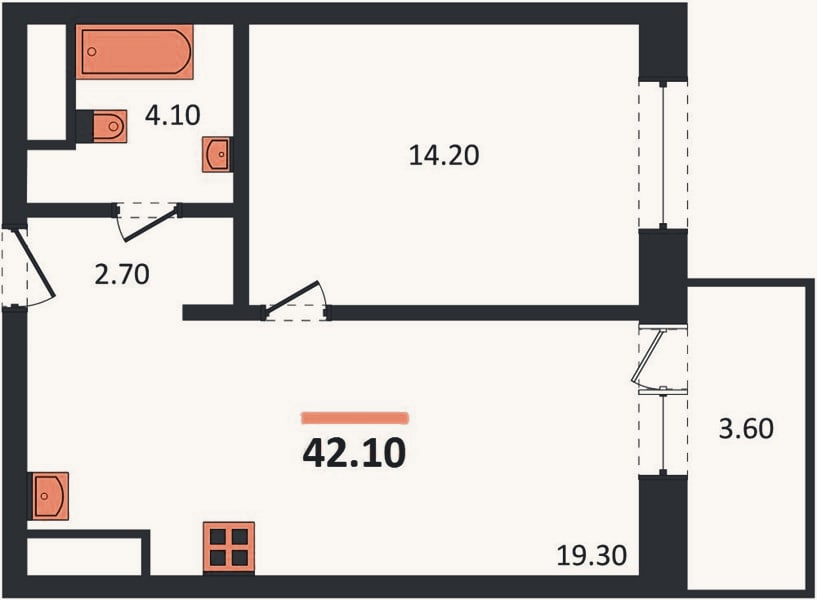 Планировка: 1-к, 42,1 м²