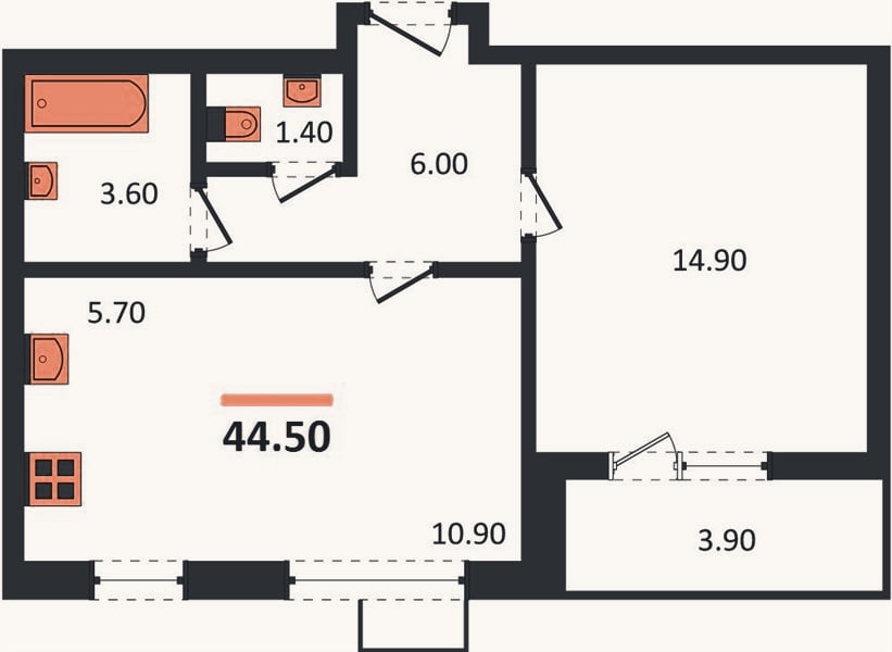 Планировка: 1-к, 44,5 м²