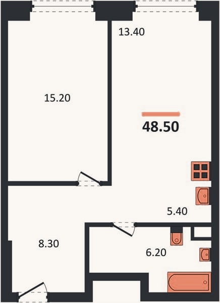Планировка: 1-к, 48,5 м²