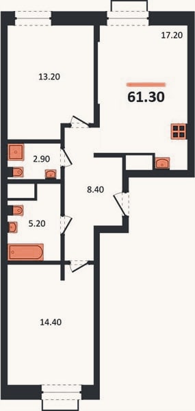 Планировка: 2-к, 61,3 м²