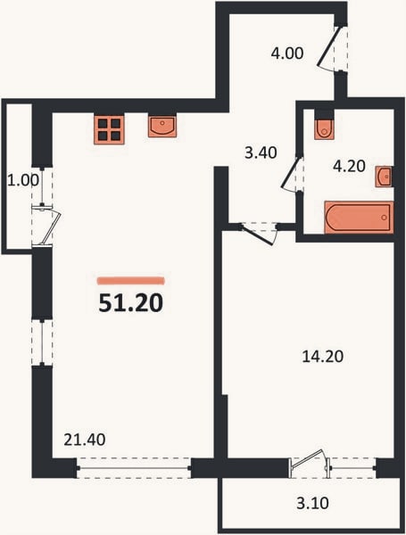 Планировка: 1-к, 51,2 м²