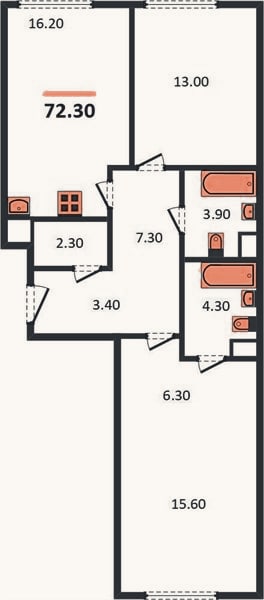 Планировка: 2-к, 71,9 м²