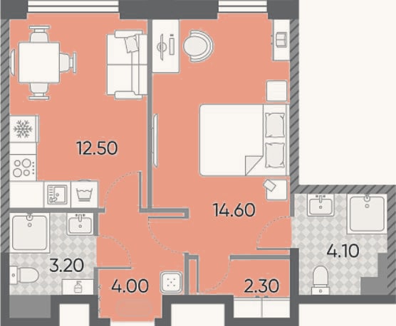 Планировка: 1-к, 40,7 м²