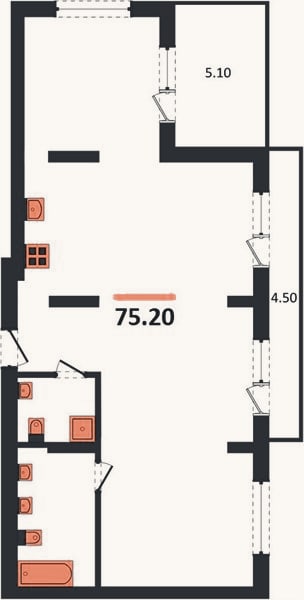 Планировка: 2-к, 75,2 м²