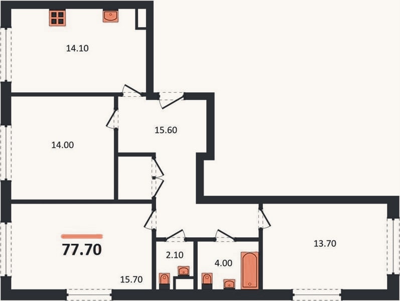 Планировка: 3-к, 77,7 м²