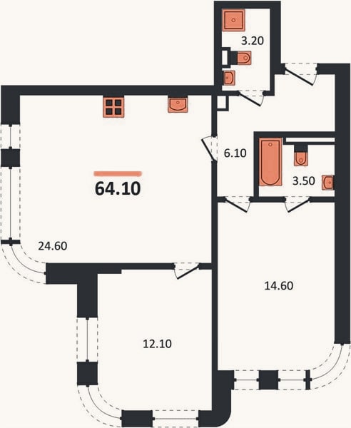Планировка: 2-к, 64,1 м²