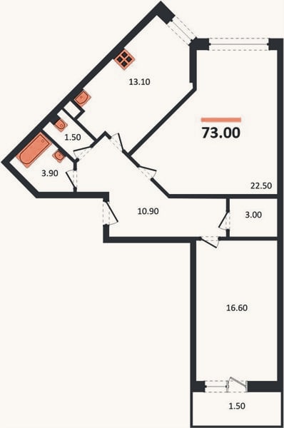 Планировка: 2-к, 73 м²