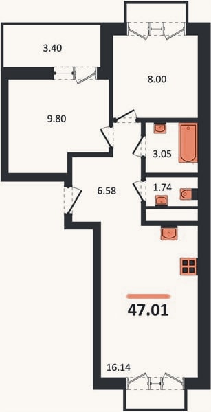Планировка: 2-к, 47 м²