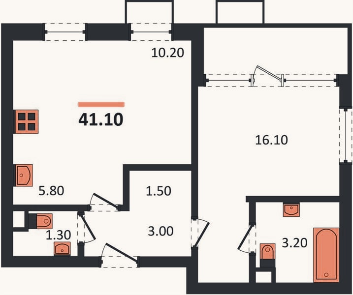 Планировка: 1-к, 41,1 м²