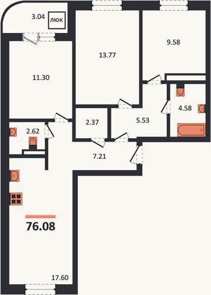 Планировка: 3-к, 76,1 м²