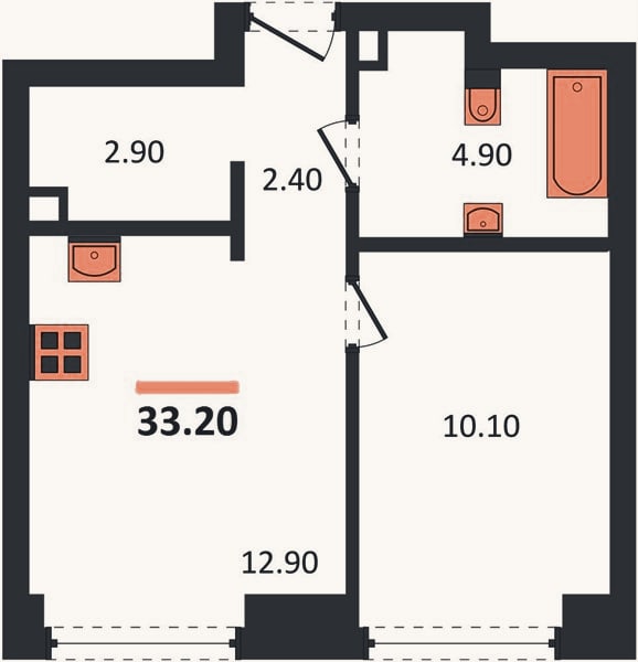Планировка: 1-к, 33,2 м²