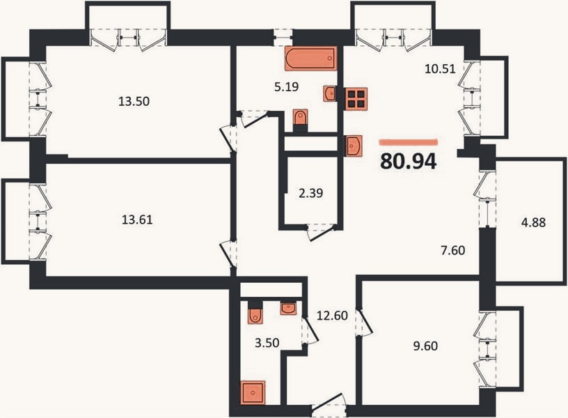 Планировка: 3-к, 80,9 м²