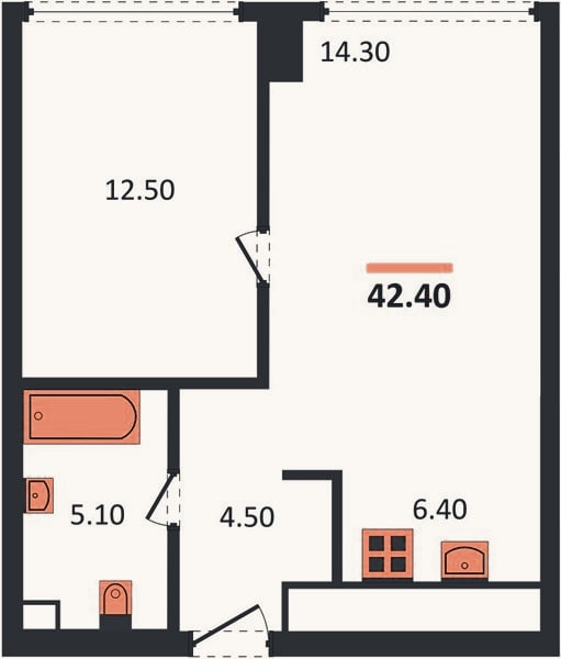 Планировка: 1-к, 42,4 м²