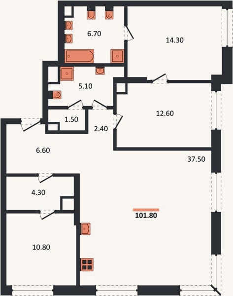 Планировка: 2-к, 101,8 м²