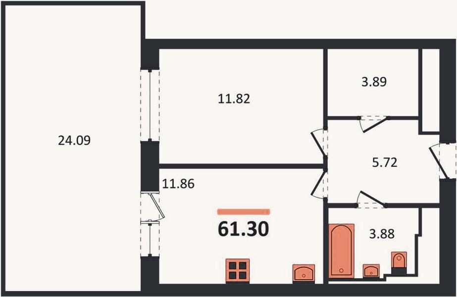 Планировка: 1-к, 61,3 м²