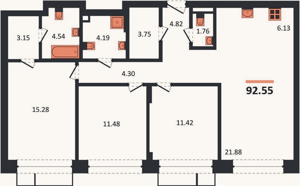 Планировка: 3-к, 92,6 м²