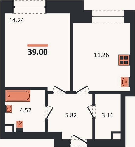 Планировка: 1-к, 39 м²