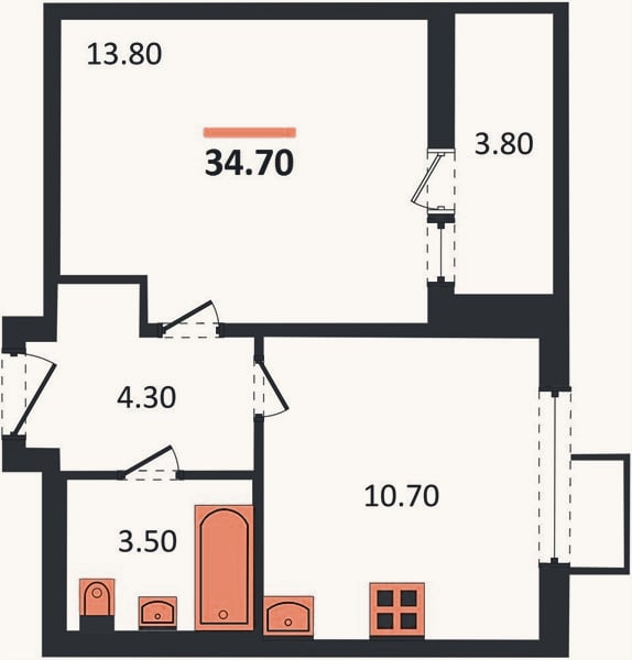 Планировка: 1-к, 34,7 м²