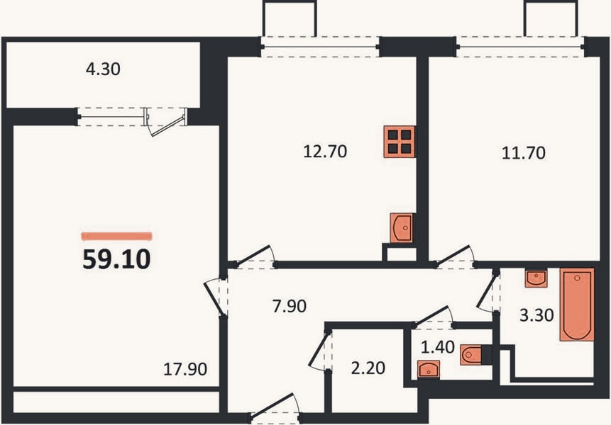 Планировка: 2-к, 59,1 м²