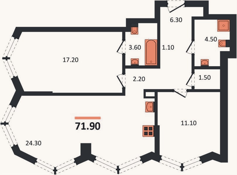 Планировка: 2-к, 71,9 м²