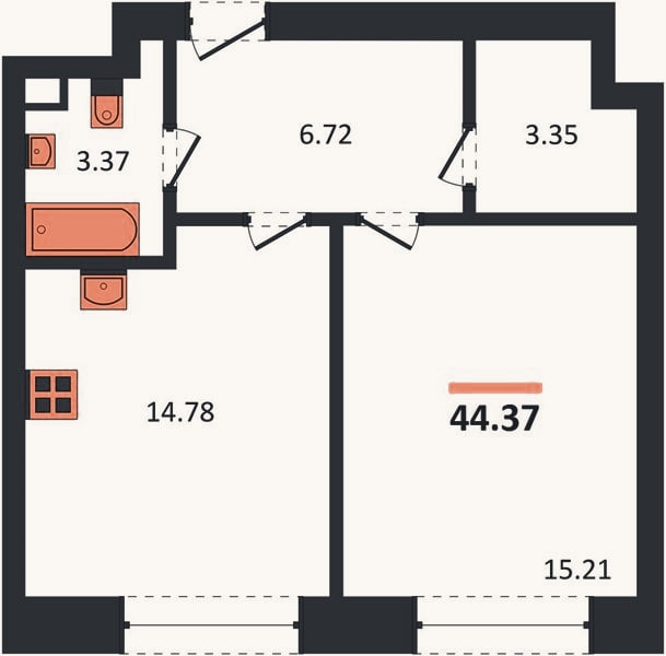 Планировка: 1-к, 44,4 м²