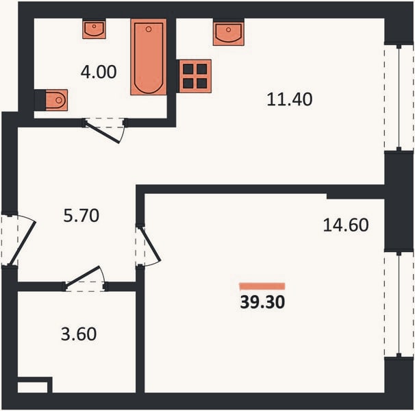 Планировка: 1-к, 39,3 м²