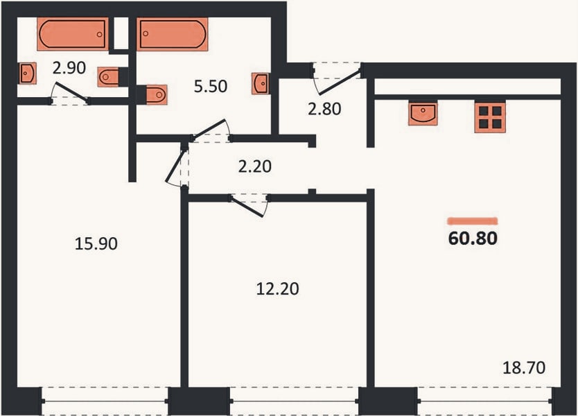 Планировка: 2-к, 60,8 м²