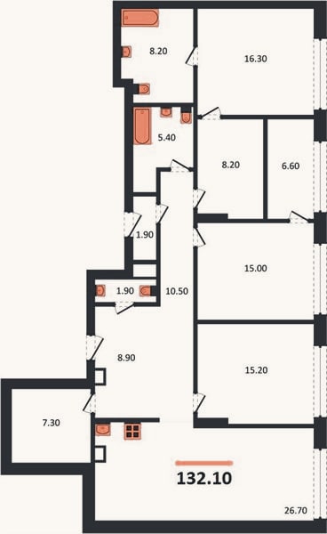 Планировка: 3-к, 132,1 м²