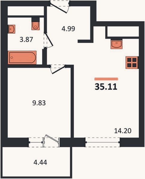 Планировка: 1-к, 35,1 м²