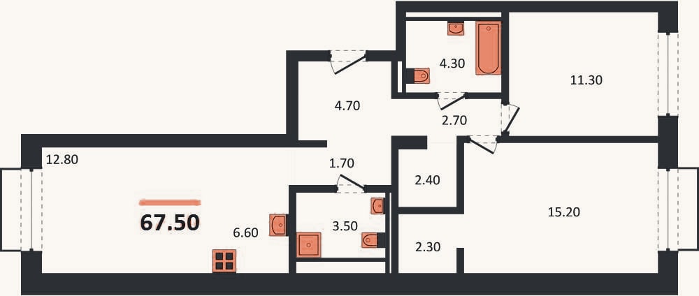 Планировка: 2-к, 67,5 м²