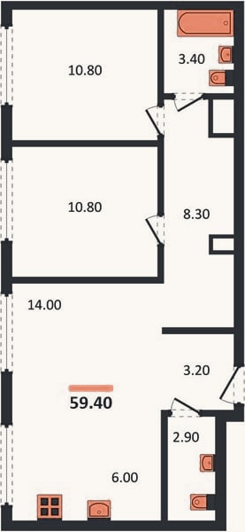 Планировка: 2-к, 59,4 м²