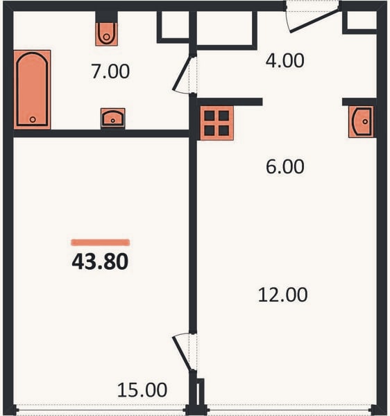 Планировка: 1-к, 43,8 м²