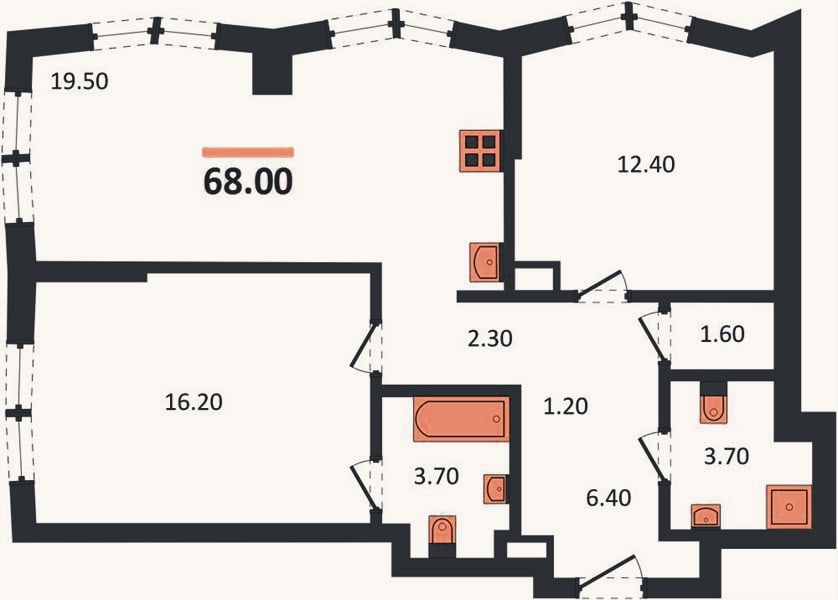 Планировка: 2-к, 68 м²