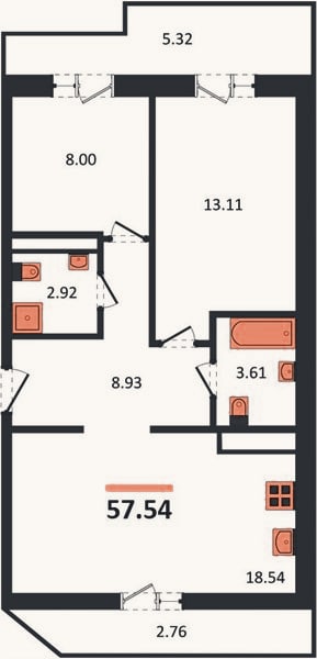 Планировка: 2-к, 57,5 м²